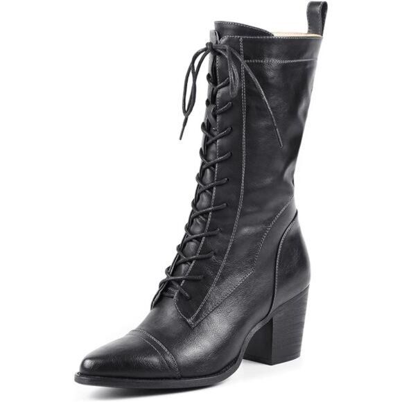 Women's Mid Calf Boots Lace up Combat Boots Leather Side Zipper Winter Boots - Picture 1 of 7